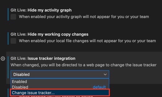 Screenshot of the changing issues option in VS Code
