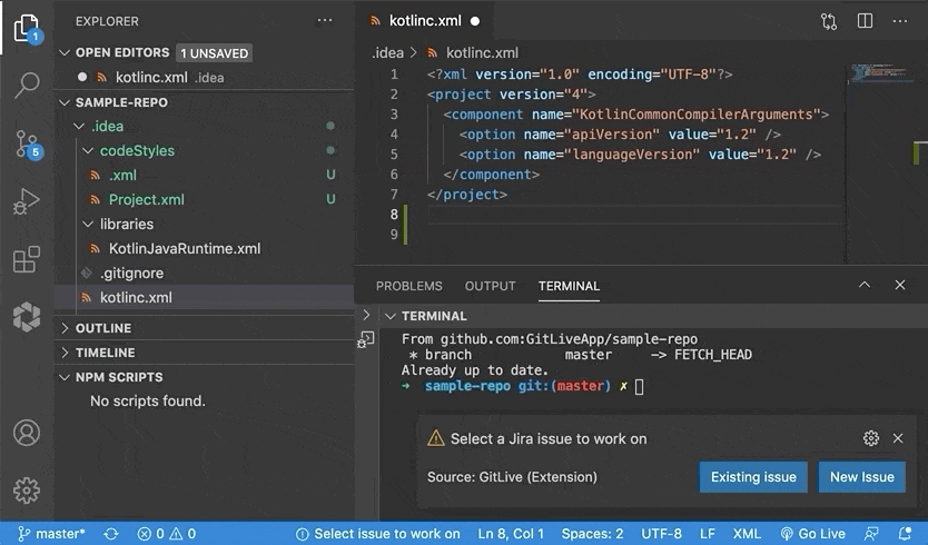 Selecting issue in VS Code