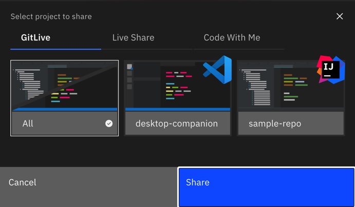 GitLive 13.0: Codeshare now supports sharing via Live Share and Code With Me