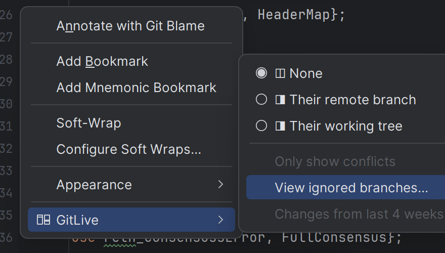 View ignored branches in Jetbrains