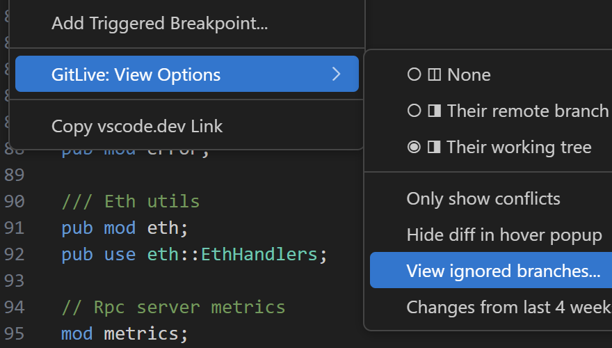 View ignored branches in VS Code